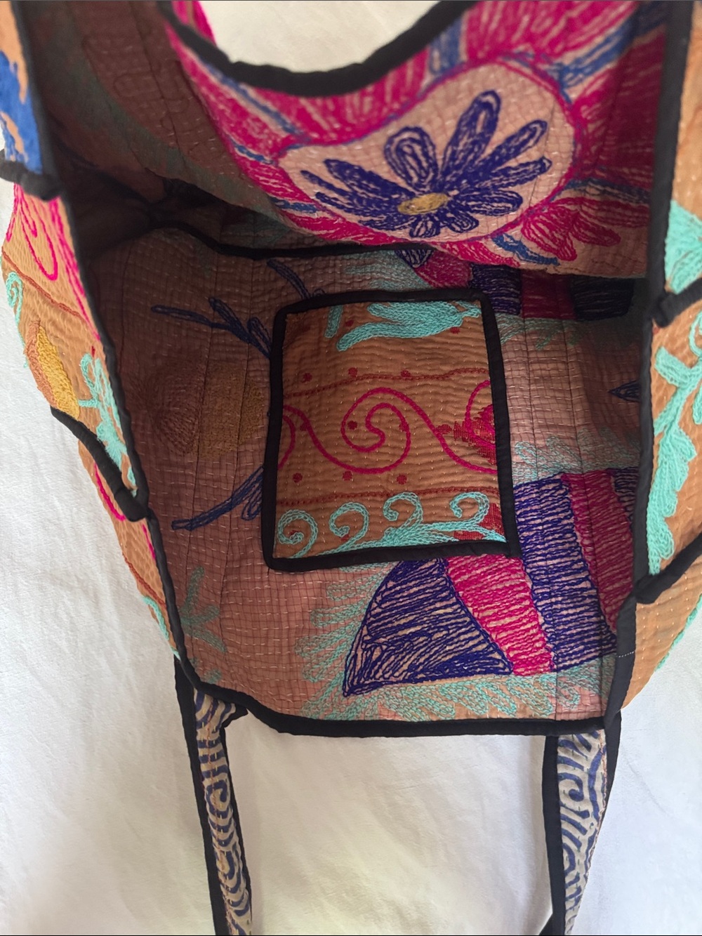 Caravan Bohemian Boutique Boho Floral Embroidered Tote Bag in Brown and Teal - Picture 6 of 11